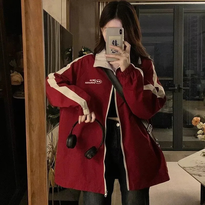 Ženska jakna za proljeće i jesen, lagana, stojeći ovratnik, poliester, print s slovima, dugi rukav, širok kroj, Hong Kong i japanski stil