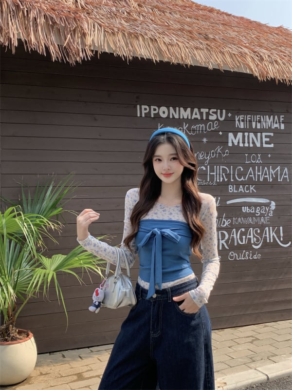 Set din două piese pentru femei plus size, stil coreean, albastru, funda, top bustier fără bretele și tricou cu mânecă lungă