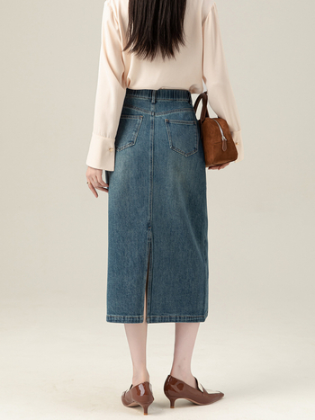 Ženska Lyocell-denim midi suknja sa stražnjim prorezom, visokim pojasom, vintage tijesnog kroja