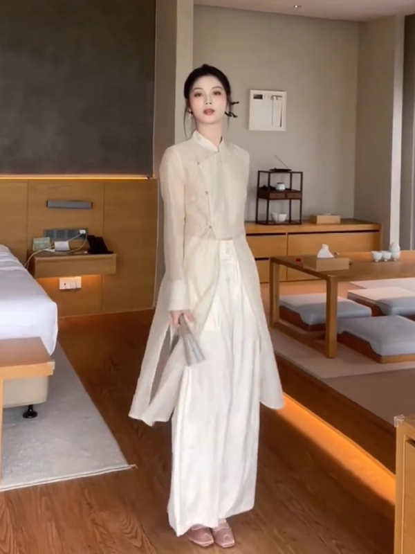 Új kínai stílusú női tea ruha Zen ihletésével, nyugodt elegancia, régi pénz-stílusú hangulat — tavaszi komplett szett.