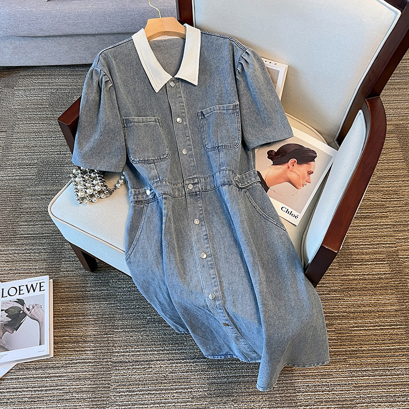 Rochie din denim cu guler rever, mărime plus, primăvară-toamnă, lungime midi