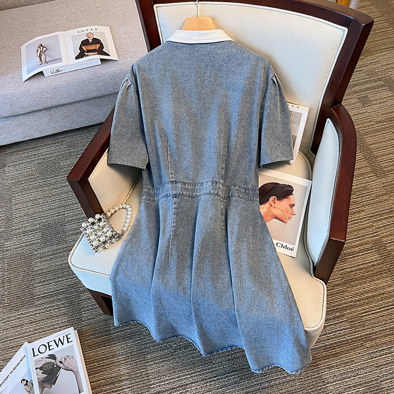 Rochie din denim cu guler rever, mărime plus, primăvară-toamnă, lungime midi