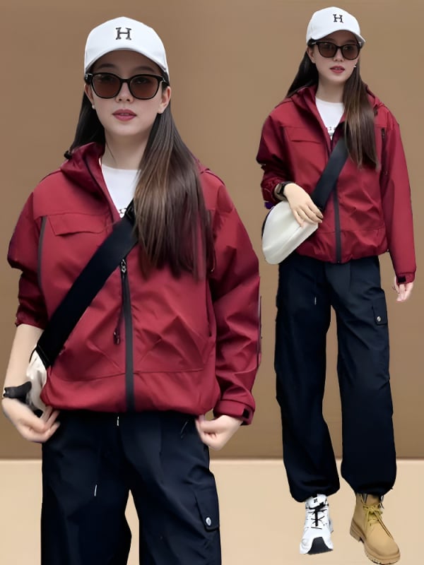Ženska crvena jakna s kapuljom i zipom, korejskog stila, širok kroj, casual, jesen 2026