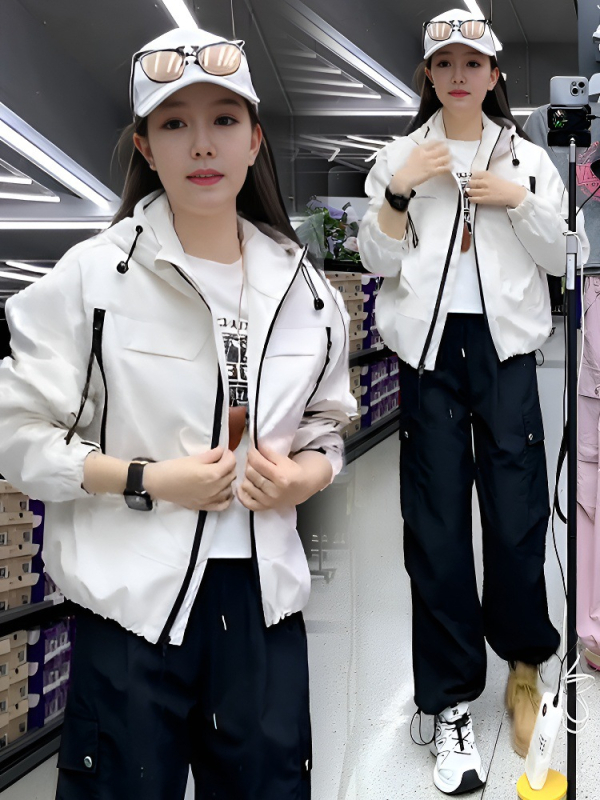 Ženska crvena jakna s kapuljom i zipom, korejskog stila, širok kroj, casual, jesen 2026