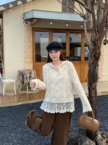 Bluza de damă cu glugă din dantelă decupată, plus size, stil coreean, toamnă-iarna