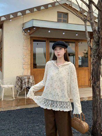 Bluza de damă cu glugă din dantelă decupată, plus size, stil coreean, toamnă-iarna