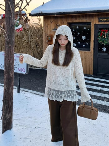 Bluza de damă cu glugă din dantelă decupată, plus size, stil coreean, toamnă-iarna