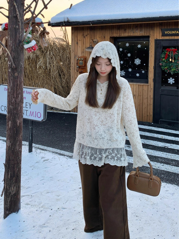Bluza de damă cu glugă din dantelă decupată, plus size, stil coreean, toamnă-iarna