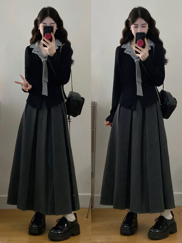 Plus-size jesenski dvodijelni set: bluza s izšivenim ovratnikom i plisirana duga suknja (izgleda kao dva dijela)