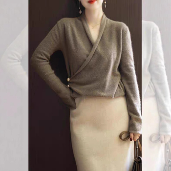 Dvije dijelni pleteni set: pulover gornji dio i midi suknja, jednobojna boja, hongkonški retro chic stil, elegantno za posao