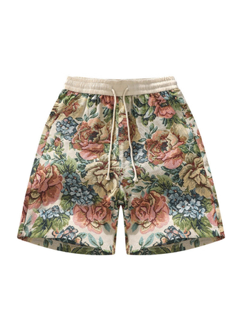 Férfiaknak botanikus mintás strandnadrág, retro all-over mintával, egyenes szabású, nyári lezser viselet.