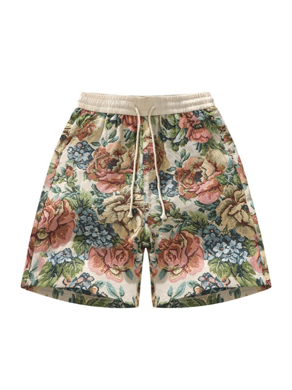 Férfiaknak botanikus mintás strandnadrág, retro all-over mintával, egyenes szabású, nyári lezser viselet.