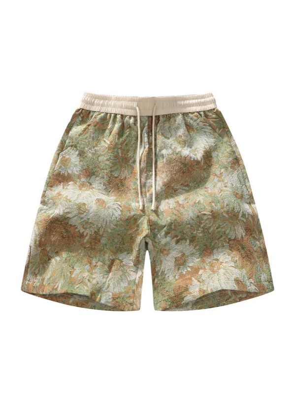 Férfiaknak botanikus mintás strandnadrág, retro all-over mintával, egyenes szabású, nyári lezser viselet.