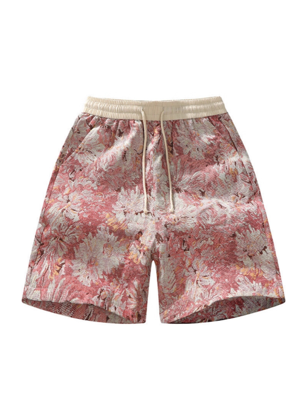 Férfiaknak botanikus mintás strandnadrág, retro all-over mintával, egyenes szabású, nyári lezser viselet.