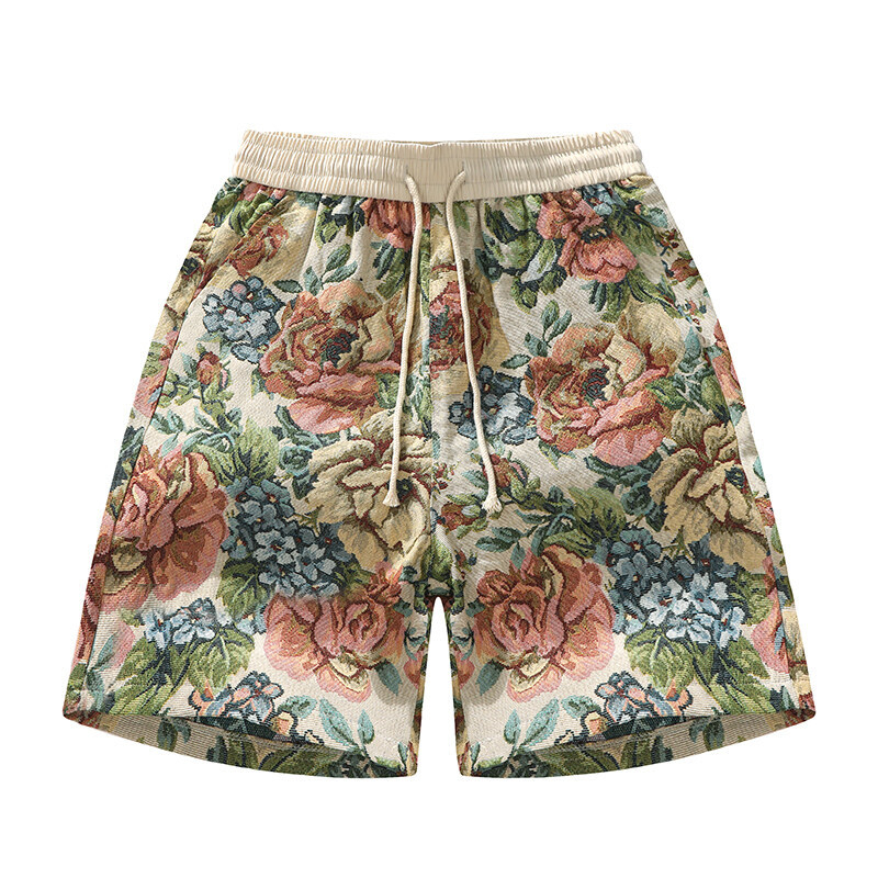 Férfiaknak botanikus mintás strandnadrág, retro all-over mintával, egyenes szabású, nyári lezser viselet.