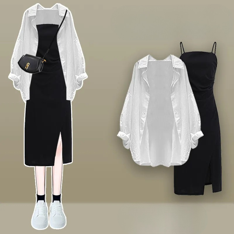 Ženski plus veličine proljetni dvodijelni set: bluza/top i haljina s trakama, vrhunski izgled, 2026 dizajn