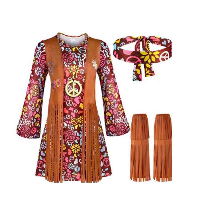 Boemska suede haljina za žene – retro cvjetni print, etno-tribalni motiv, srednja duljina, dugi rukav, uredski stil