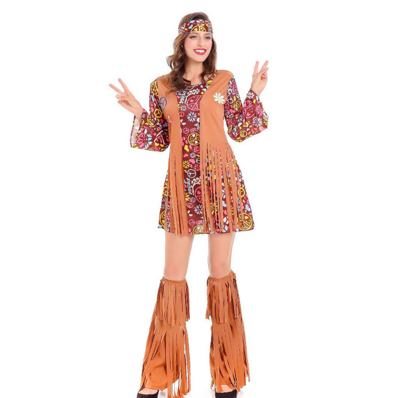 Boemska suede haljina za žene – retro cvjetni print, etno-tribalni motiv, srednja duljina, dugi rukav, uredski stil
