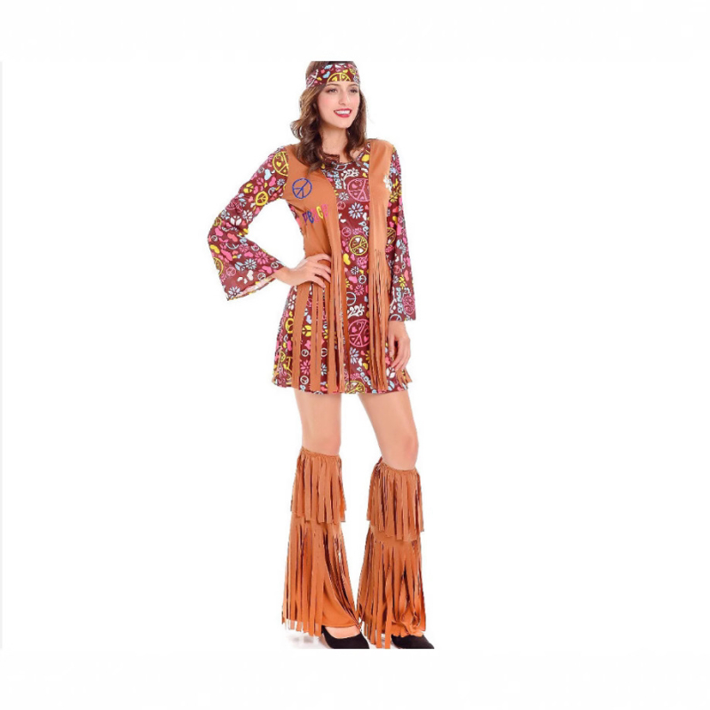 Boemska suede haljina za žene – retro cvjetni print, etno-tribalni motiv, srednja duljina, dugi rukav, uredski stil