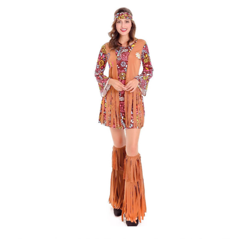 Boemska suede haljina za žene – retro cvjetni print, etno-tribalni motiv, srednja duljina, dugi rukav, uredski stil