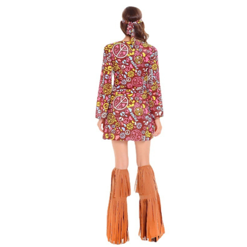 Boemska suede haljina za žene – retro cvjetni print, etno-tribalni motiv, srednja duljina, dugi rukav, uredski stil