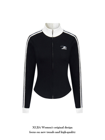 Ženski streetwear kardigan-sweatshirt s visokim ovratnikom i kontrastnim bojama, vintage sports stil
