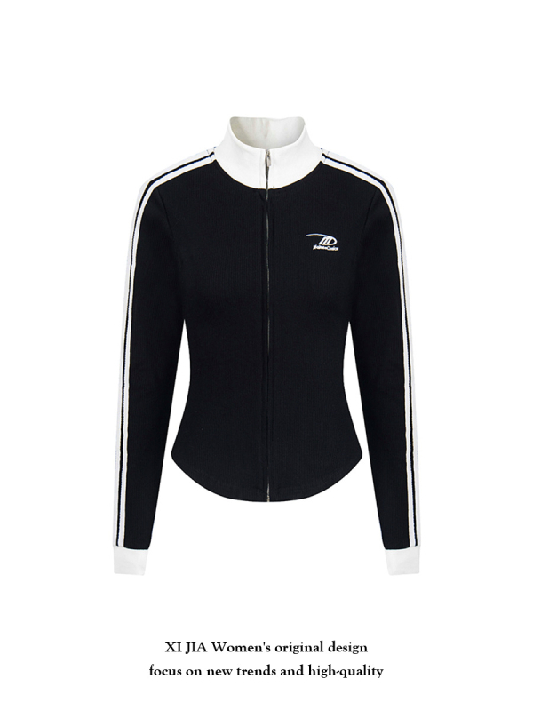 Ženski streetwear kardigan-sweatshirt s visokim ovratnikom i kontrastnim bojama, vintage sports stil