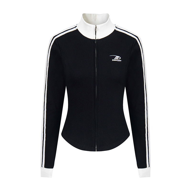 Ženski streetwear kardigan-sweatshirt s visokim ovratnikom i kontrastnim bojama, vintage sports stil
