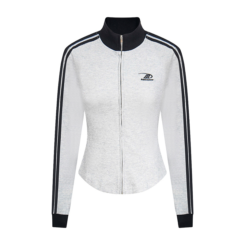 Ženski streetwear kardigan-sweatshirt s visokim ovratnikom i kontrastnim bojama, vintage sports stil