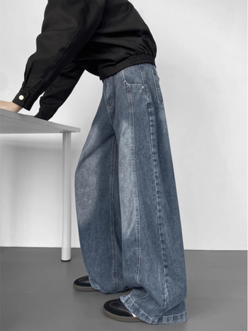 Férfi denimnadrág – laza szabás, széles szárú, mosott felület