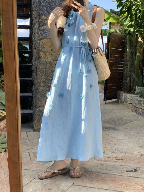 Francuski stil, halter vrat 3D cvjetna haljina za žene, ljeto 2025, elegantna, slobodna A-linija