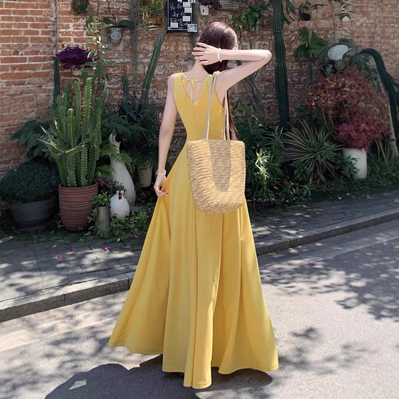 Žuta haljina s trakama za plažu, francuski stil naglašava struk, duga haljina s širokim donjim rubom, ljetna haljina za žene
