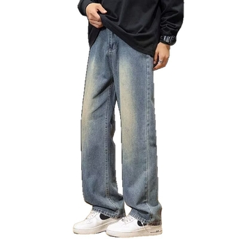 Férfi farmernadrág denim anyagból, 75% pamut, egyenes szabás, középmagas derék, mosott felülettel, mindennapi casual stílus, zsebdíszítéssel