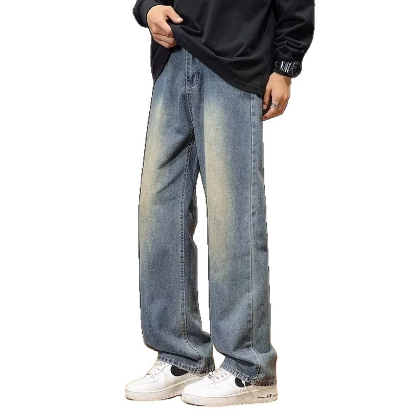 Férfi farmernadrág denim anyagból, 75% pamut, egyenes szabás, középmagas derék, mosott felülettel, mindennapi casual stílus, zsebdíszítéssel