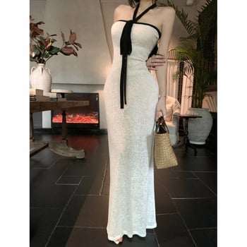 Haljina s halter izrezom, crno-bijeli color-block, uski struk, bez rukava, ljetni stil