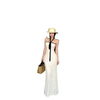 Haljina s halter izrezom, crno-bijeli color-block, uski struk, bez rukava, ljetni stil