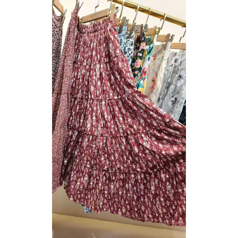 Μίντι φούστα chiffon με φλοράλ σχέδιο, γαλλικού στυλ, ελαστική ζώνη μέσης, κολακεύει τη σιλουέτα, απαλό και ονειρικό στυλ