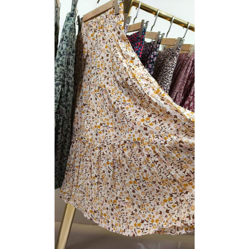 Μίντι φούστα chiffon με φλοράλ σχέδιο, γαλλικού στυλ, ελαστική ζώνη μέσης, κολακεύει τη σιλουέτα, απαλό και ονειρικό στυλ