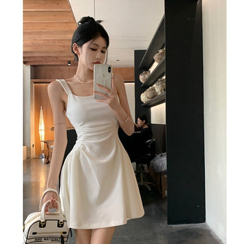 Francuski Hepburn stil, elegantna bijela haljina za žene, uski struk i A-linija, bez rukava, s tankim trakama, za ranu proljeće