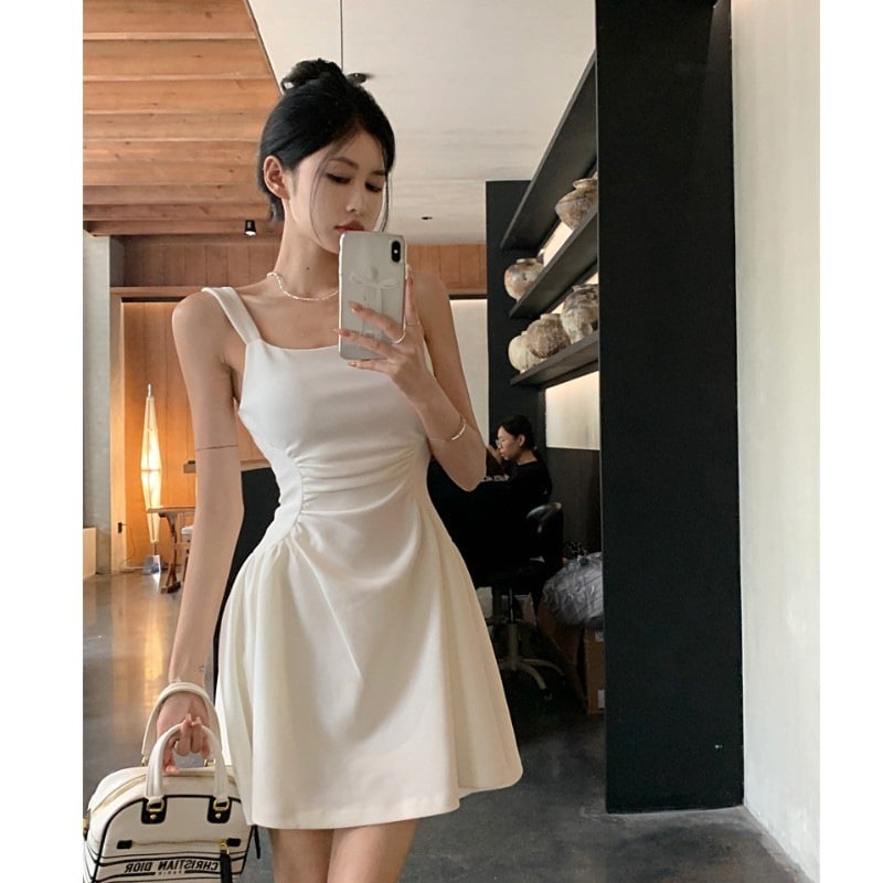 Francuski Hepburn stil, elegantna bijela haljina za žene, uski struk i A-linija, bez rukava, s tankim trakama, za ranu proljeće