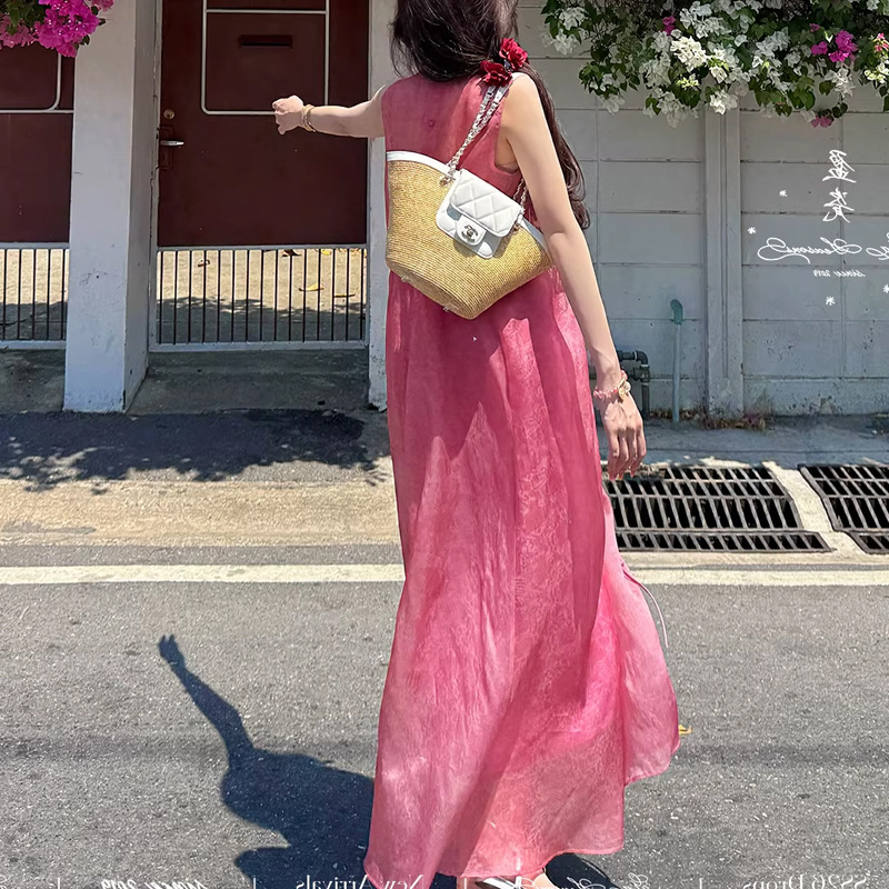 Σετ δύο τεμαχίων από μεταξωτό tie-dye halter φόρεμα για καλοκαιρινές διακοπές στην παραλία, μικρό μέγεθος
