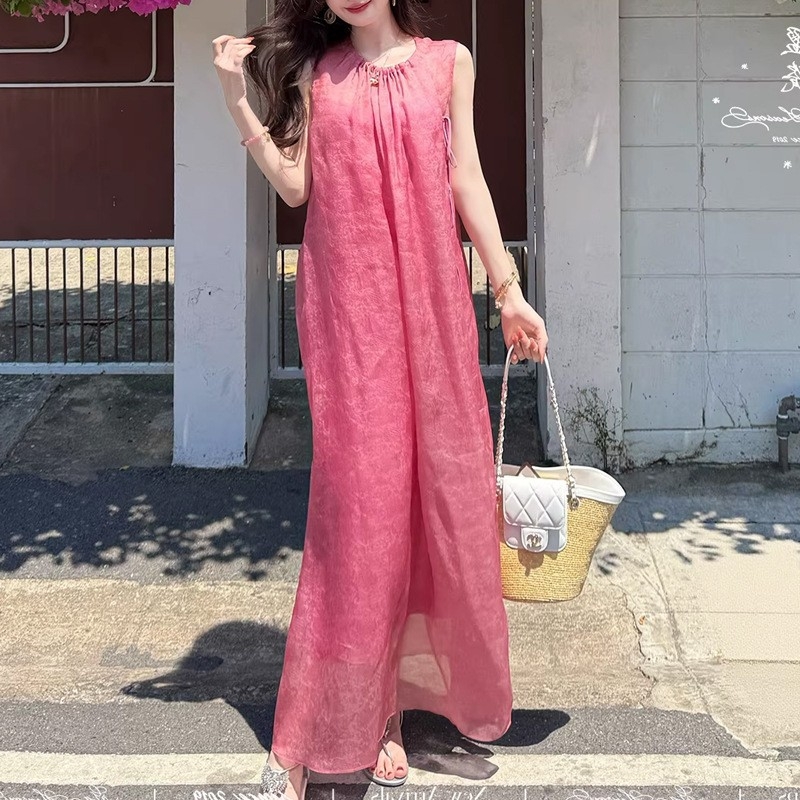 Σετ δύο τεμαχίων από μεταξωτό tie-dye halter φόρεμα για καλοκαιρινές διακοπές στην παραλία, μικρό μέγεθος
