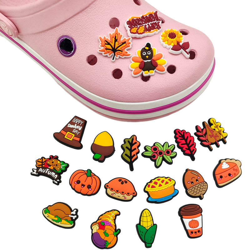 20-dijelni set Crocs-stil dodataka za vrtne cipele – serija Dan zahvalnosti, zabavne karikaturne cvjetne kopče od mekane gume