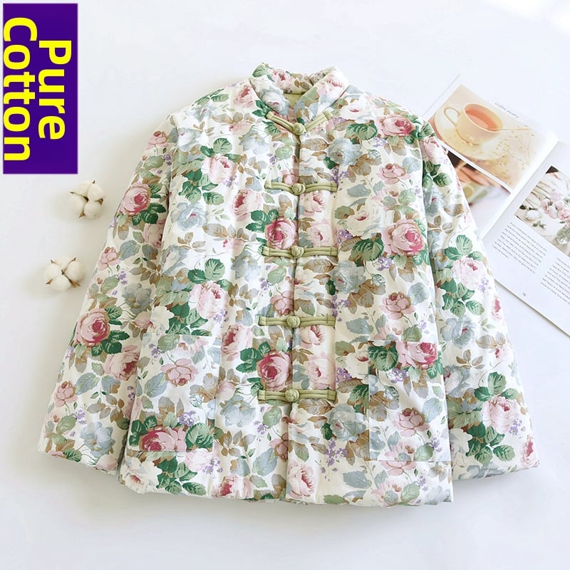 Retro hrubá bavlnená bunda pre seniorov, teplá a hrubá, výplň z bavlny, okrúhly výstrih, dĺžka 50–65 cm