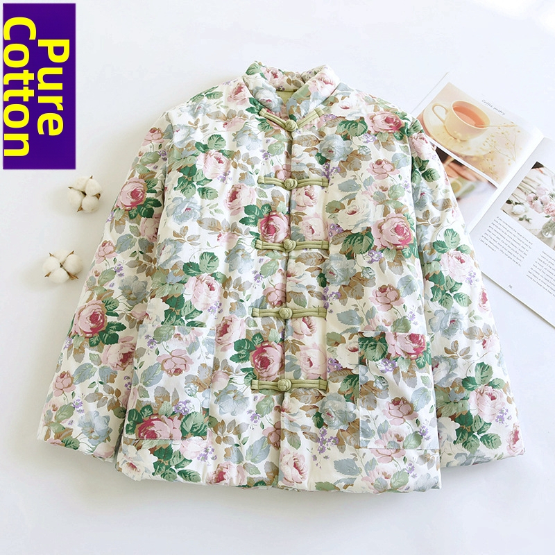 Retro hrubá bavlnená bunda pre seniorov, teplá a hrubá, výplň z bavlny, okrúhly výstrih, dĺžka 50–65 cm