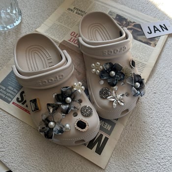 Ukras za Crocs-stil sandale: cvijet s perlama i kristalima, ukrasna kopča na gornjem dijelu za žene