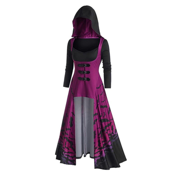 Duga haljina s kapuljačom u tmurnom Halloween stilu, ljubičasto-crni gradijentni print, cosplay haljina