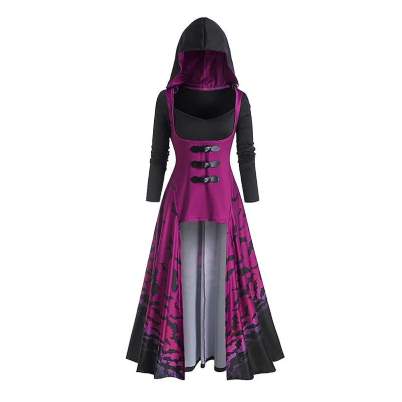 Duga haljina s kapuljačom u tmurnom Halloween stilu, ljubičasto-crni gradijentni print, cosplay haljina