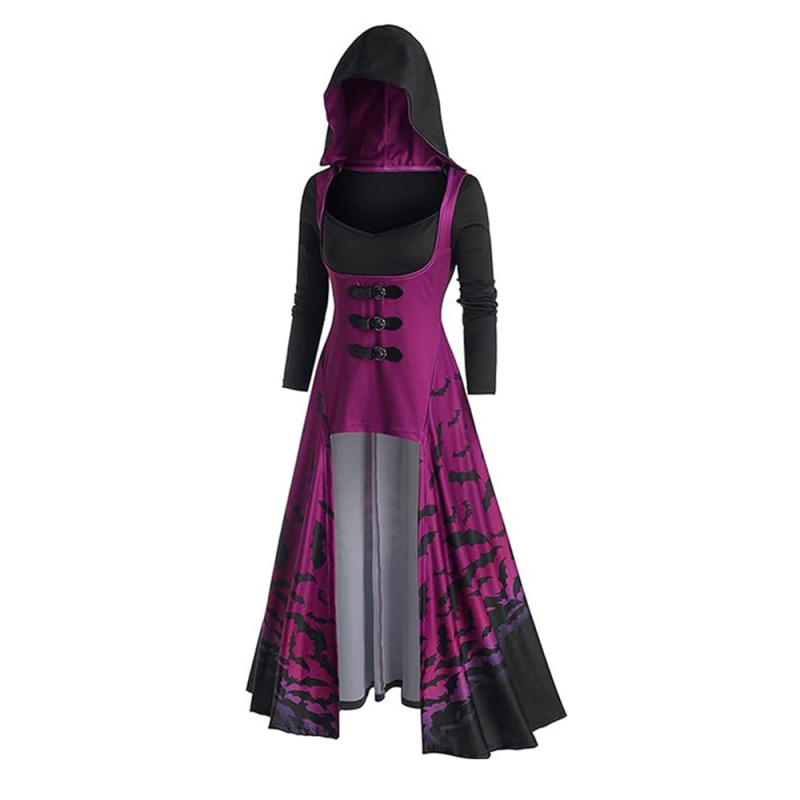 Duga haljina s kapuljačom u tmurnom Halloween stilu, ljubičasto-crni gradijentni print, cosplay haljina