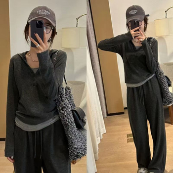 Ženski kapuljačasti sportski komplet za proljeće i jesen, korejski stil, laskajući top, casual trodijelni komplet s širokim hlačama